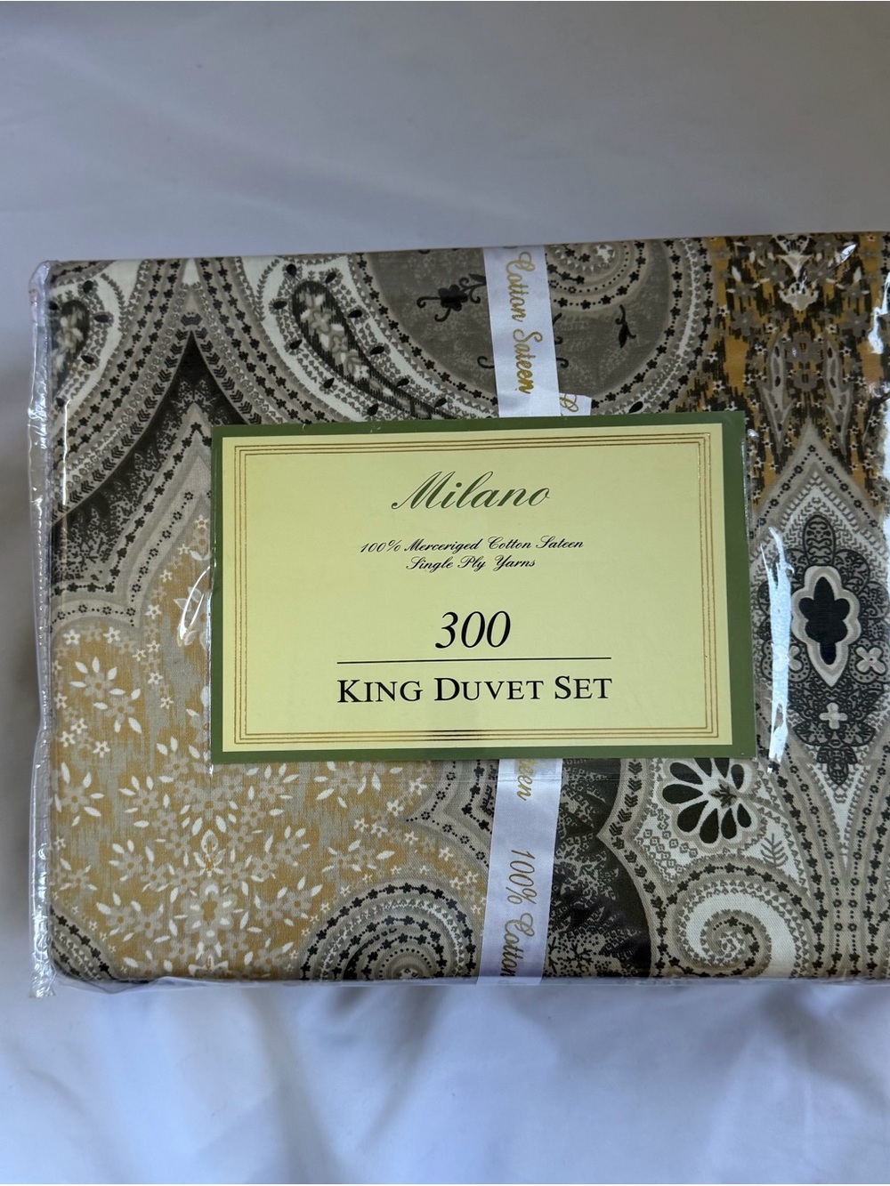 Milano King Duvet Set 3 PC 300 TC 100% Cotton Sateen Paisley Gray Gold New